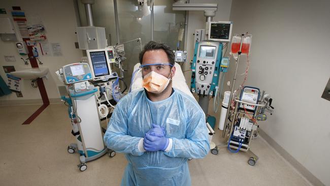 An ICU bed a The Alfred displaying the equipment required for a coronavirus patient. Picture: David Caird