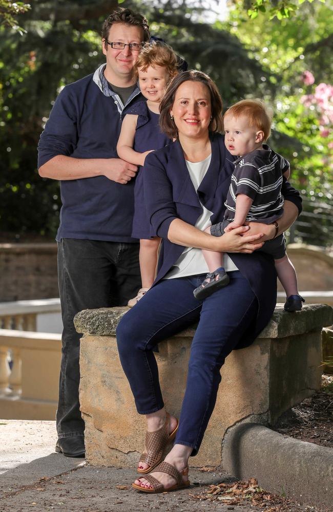 Jon Mant holding daughter Olivia (left) and wife Kelly O'Dwyer holding son Edward. O'Dwyer told News Corp exclusively she had to undergo IVF to conceive Olivia and Edward. Picture: Tim Carrafa