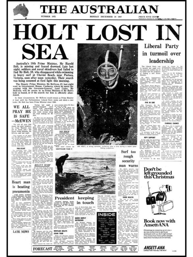 The Australian's 1967 front page when the nation's 18th prime minister went missing.