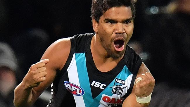 Jake Neade of the Power celebrates a goal against Richmond at Adelaide Oval. Picture: Daniel Kalisz (Getty Images)