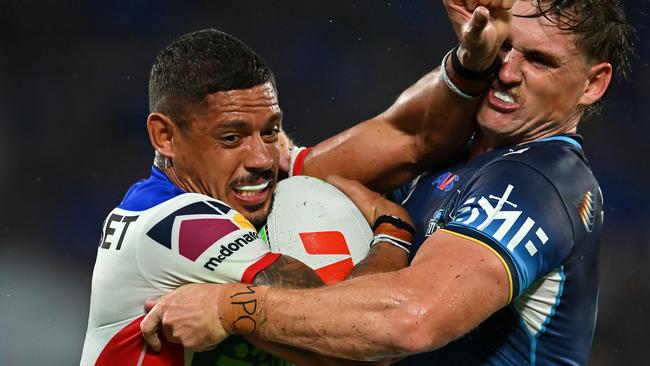 GOLD COAST, AUSTRALIA - MARCH 22: Dane Gagai of the Knights is tackled during the round three NRL match between Gold Coast Titans and Newcastle Knights at Cbus Super Stadium, on March 22, 2025, in Gold Coast, Australia. (Photo by Albert Perez/Getty Images)
