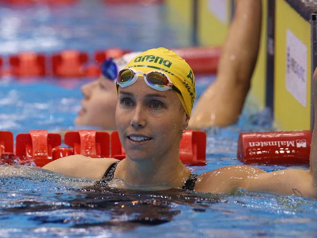 FUKUOKA, JAPAN - JULY 27: Emma McKeon of Team Australia  reacts after competing in the Women's 100m Freestyle Semifinal on day five of the Fukuoka 2023 World Aquatics Championships at Marine Messe Fukuoka Hall A on July 27, 2023 in Fukuoka, Japan. (Photo by Adam Pretty/Getty Images)