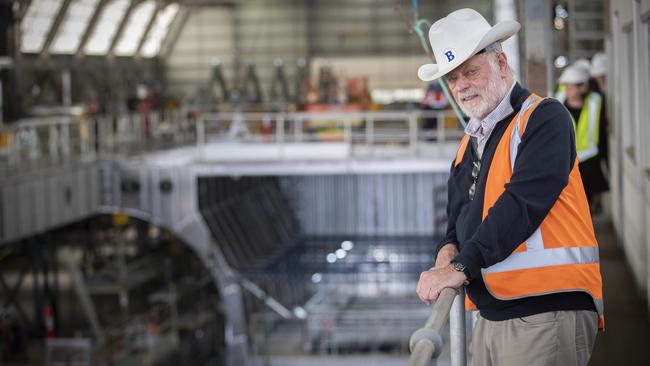 Incat Founder Robert Clifford with the battery electric ship under construction at Hobart. Picture: Chris Kidd