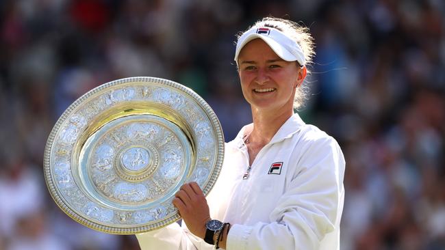 Barbora Krejcikova with the Ladies' Singles Trophy following victory at Wimbledon. Picture: Getty