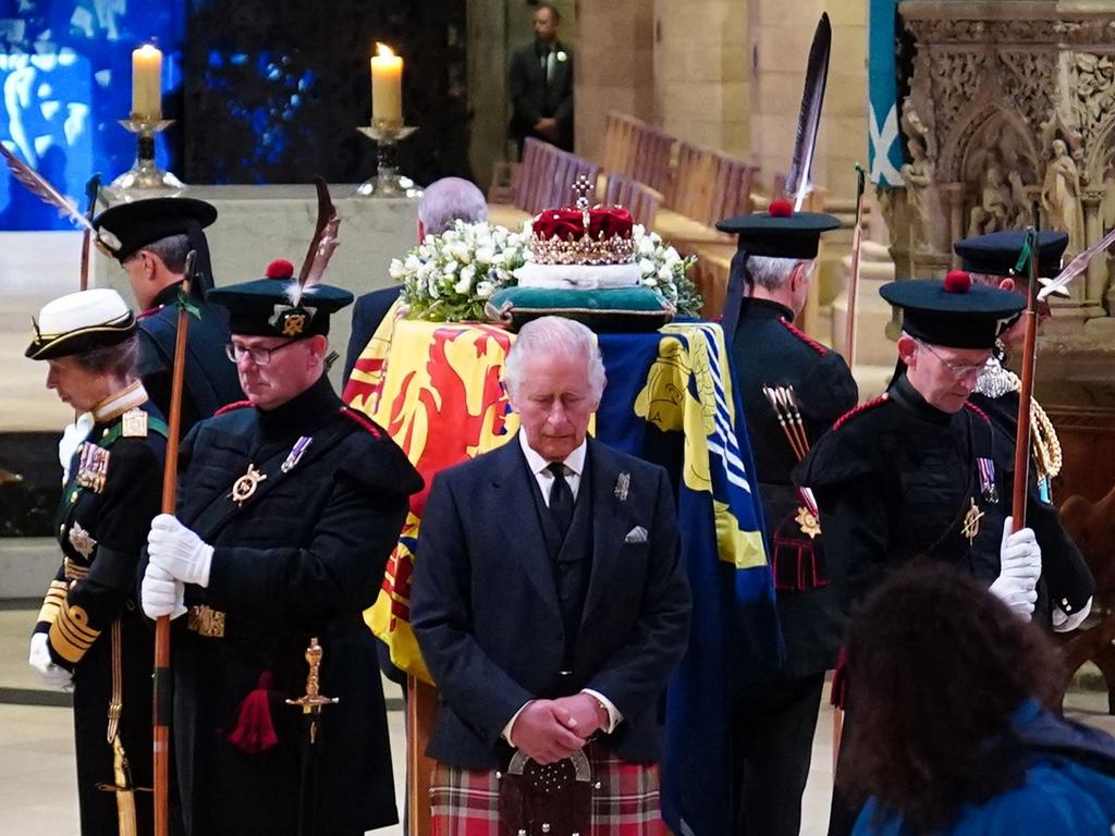 The coffin of Queen Elizabeth II lies in an Edinburgh cathedral where King Charles III has presided over a vigil. Picture: AFP