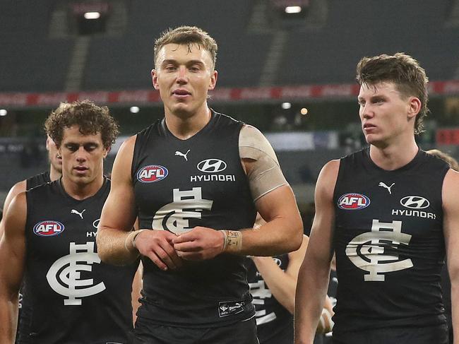 AFL Round 5.   17/04/2021. Carlton vs Port Adelaide at the MCG, Melbourne.   Carltons players walk off the MCG after losing to Port Adelaide   . Pic: Michael Klein