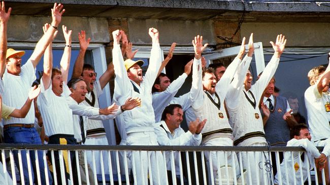 Australia celebrating winning the Ashes on the balcony after taking a 3-0 lead in The Ashes Fourth Test Match between England and Australia at Old Trafford. Picture: Getty Images