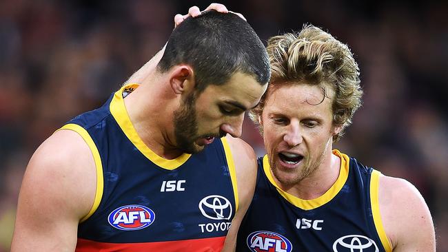 Crows captain Taylor Walker and vice-captain Rory Sloane during Showdown 45. Picture: Mark Brake/Getty Images