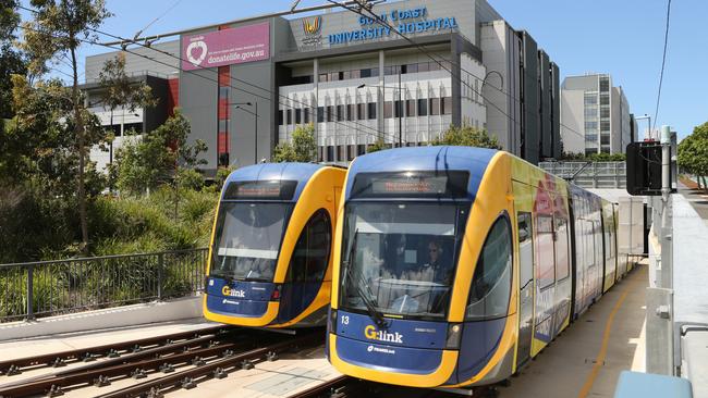 Light rail trams outside Gold Coast University Hospital. Picture: Glenn Hampson.