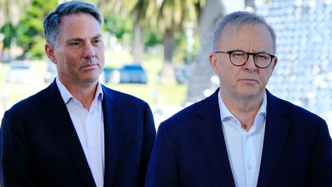 Prime Minister Anthony Albanese and his deputy Richard Marles address the media in Geelong on Saturday. Picture: Luis Enrique Ascui