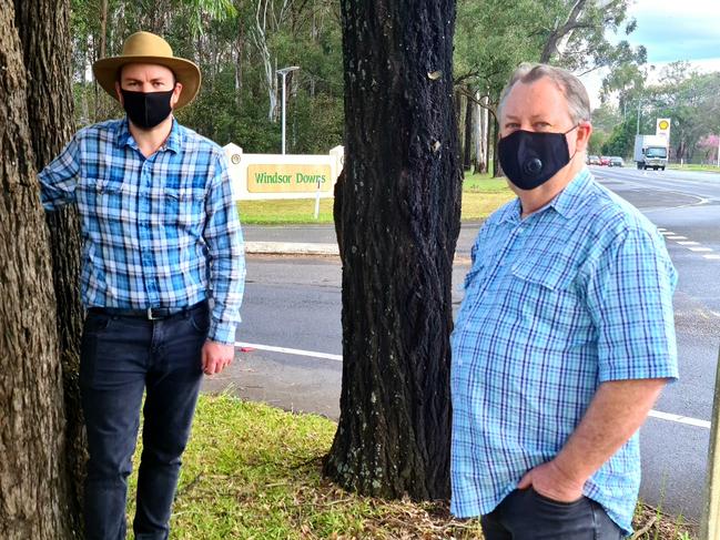 Image: Mayor Patrick Conolly and Liberal Candidate Paul Veigel at the entrance to Windsor Downs on Richmond Road.