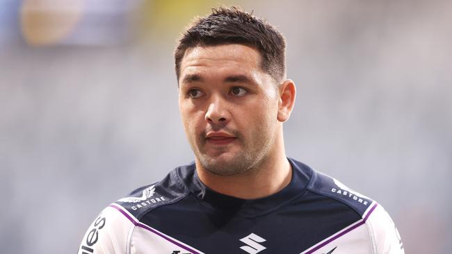 SYDNEY, AUSTRALIA - MARCH 12:  Brandon Smith of the Storm looks on during the warm-up before the round one NRL match between the Wests Tigers and the Melbourne Storm at CommBank Stadium, on March 12, 2022, in Sydney, Australia. (Photo by Mark Kolbe/Getty Images)