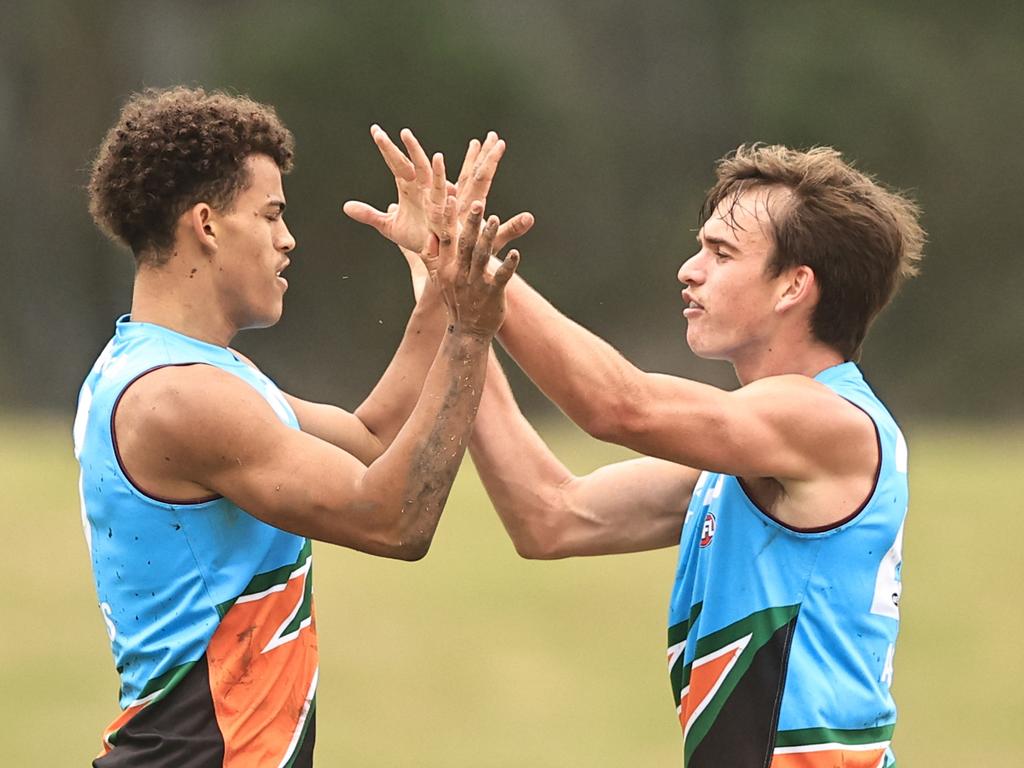 Leonardo Lombard of the Allies after kicking a goal. Picture: Jenny Evans/AFL Photos/via Getty Images.