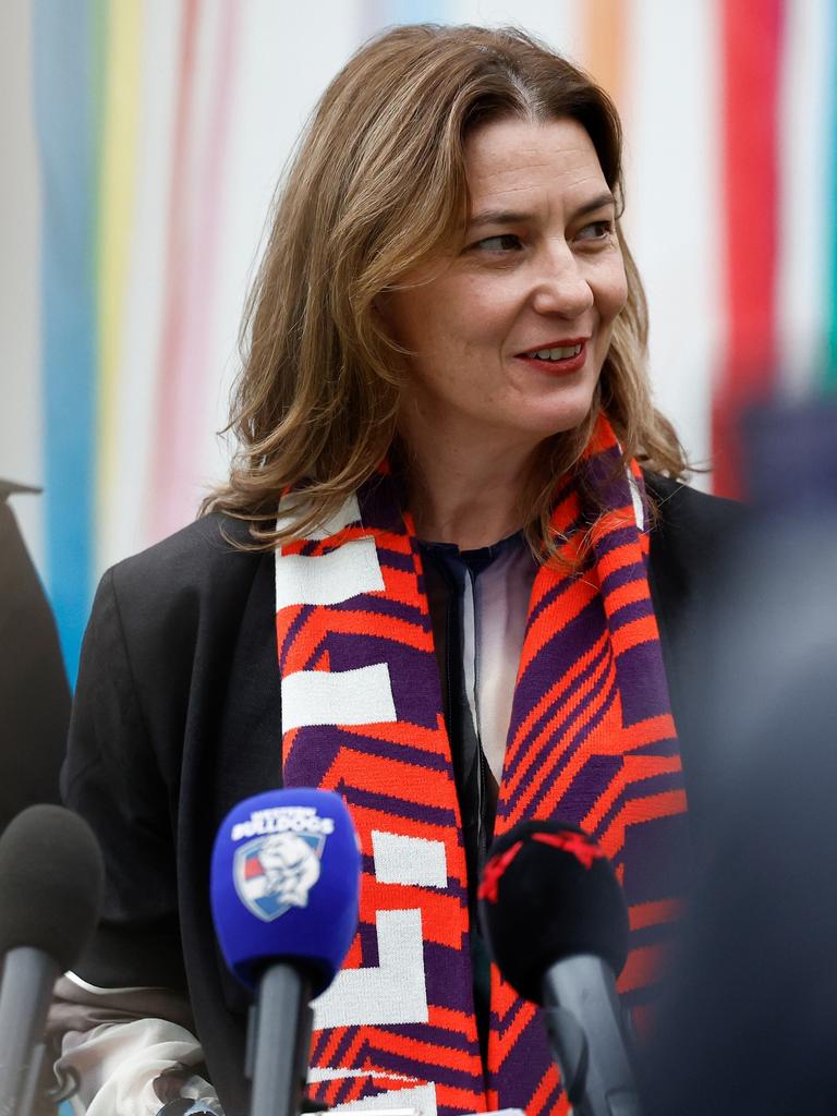 AFLW general manager Emma Moore during the launch of the 2024 AFLW Pride Round. Picture: Michael Willson/AFL Photos via Getty Images.