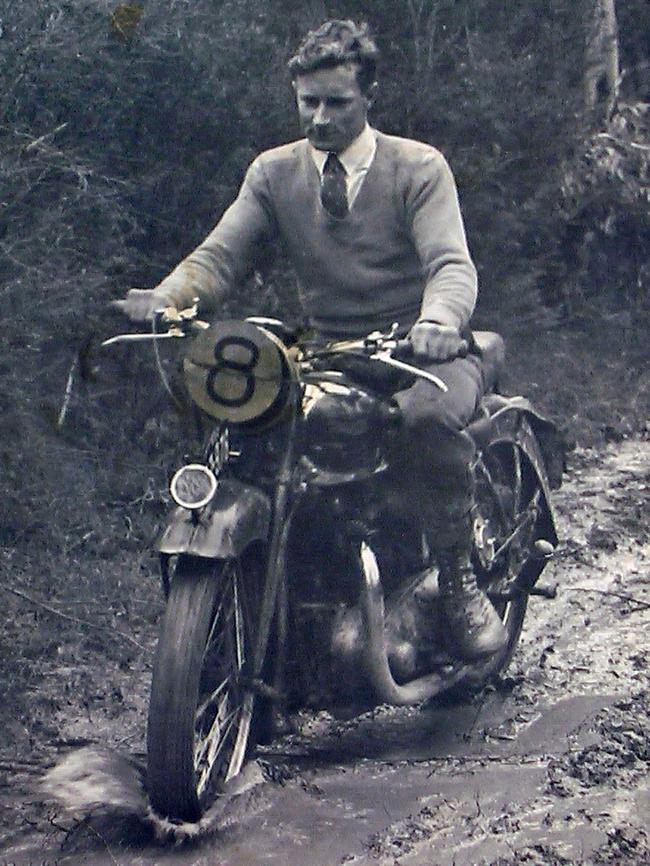 Philip Horner’s dad, William, riding the 1939 Triumph Twin Motorcycle at an Oakleigh Motorcycle Club gymkhana event in 1947.