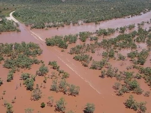 Aerial photos of the Vic River Roadhouse during the March 2023 floods of the Victoria River. Photo: Supplied/Bill Mcleod.