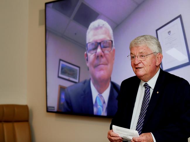 Central Coast Council Administrator Dick Persson announces the new CEO David Farmer via video link. Picture: Sue Graham