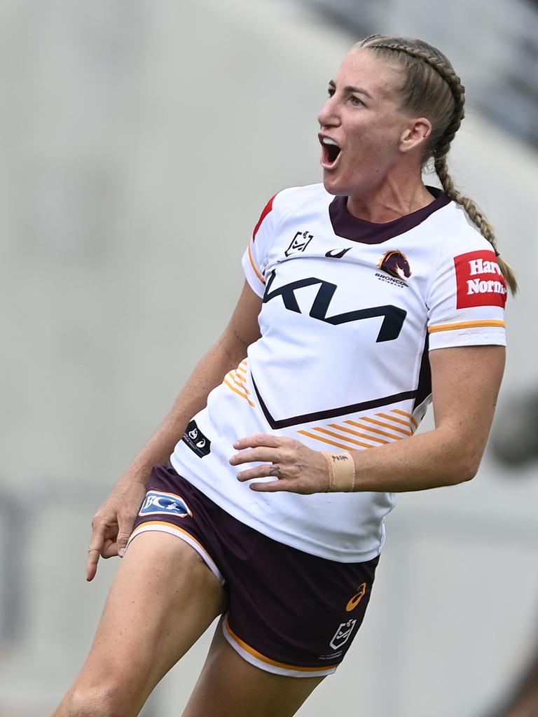 Ali Brigginshaw celebrates after scoring a try for the Broncos in 2023. Photo: Ian Hitchcock/Getty Images