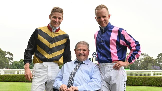 Thirty years after winning the Melbourne Cup aboard Jeune, Wayne Harris (centre) catches up with fellow Cup-winning jockeys James McDonald (left) and Kerrin McEvoy. Photo: Bradley Photos