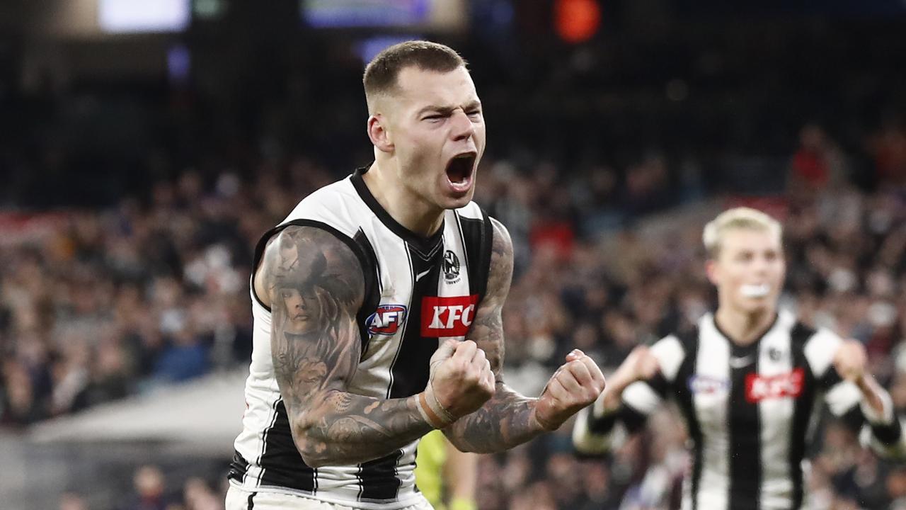 Jamie Elliott celebrates one of his four goals. Picture: Darrian Traynor/Getty Images