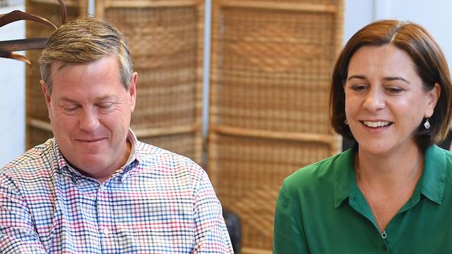 Queensland Opposition Leader Tim Nicholls and his deputy Deb Frecklington are seen as they meet family and friends at a cafe in Brisbane, Sunday, November 26, 2017. Yesterday Queenslanders went to the polls in the state's election but no clear winner has yet been declared. (AAP Image/Dan Peled) NO ARCHIVING