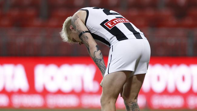 SYDNEY, AUSTRALIA - JUNE 26: Jordan De Goey of the Magpies reacts on the final siren during the round 4 AFL match between Greater Western Sydney Giants and Collingwood Magpies at GIANTS Stadium on June 26, 2020 in Sydney, Australia. (Photo by Ryan Pierse/Getty Images)