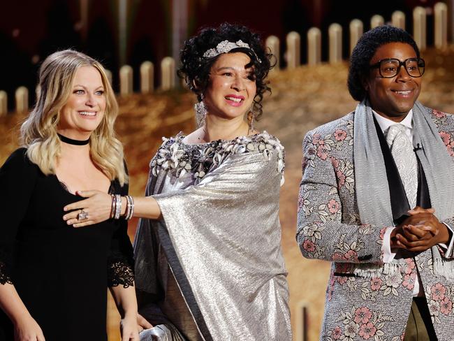 Amy Poehler, Maya Rudolph and Kenan Thompson perform a skit onstage at the 78th Annual Golden Globe Awards. Picture: NBCU Photo Bank via Getty Images