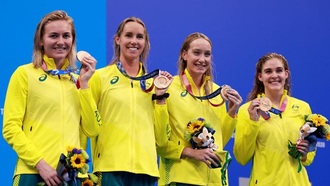 Moments like watching the women’s swimming team win bronze kept Aussie viewers glued to Channel 7 during the Tokyo Olympics. Picture: AFP