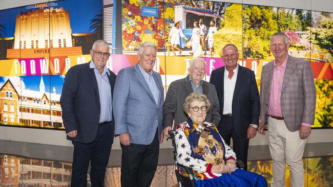 Celebrating the Wagner family's 35 years of business and a decade of Toowoomba Wellcamp Airport are (from left) Neill, John, Henry, Mary, Joe and Denis Wagner, Friday, November 8, 2024. Picture: Kevin Farmer