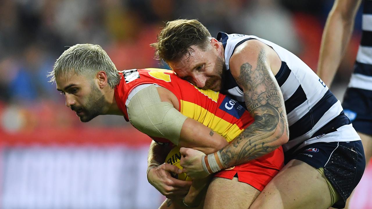 Cochrane gave Izak Rankine a spray. Picture: Albert Perez/AFL Photos/via Getty Images