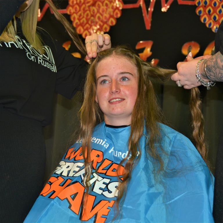 At the St Joseph's College 2023 World's Greatest Shave event is Jordan Steinhardt surrounded by her support crew. Picture: Rhylea Millar