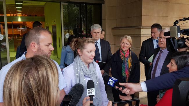 Vilija Sabeckis, the niece of Maslin Beach carpark shooting victim Robert Sabeckis, speaks outside the Supreme Court. Picture: Sean Fewster