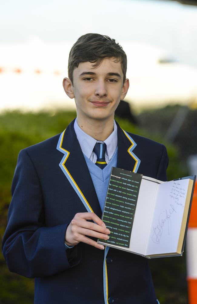 Seinfel was seen signing autographs, including a copy of his book for fan, Liam. Picture: NewsWire/ Roy VanDerVegt