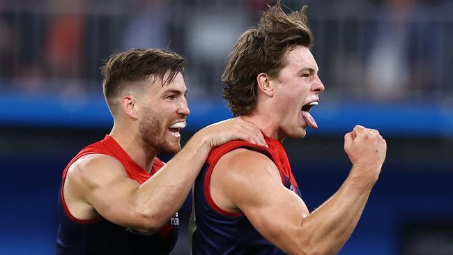 PERTH. 25/09/2021. AFL Grand Final.  Melbourne vs Western Bulldogs at Optus Stadium, Perth.  Tom Sparrow of the Demons celebrates a 3rd qtr goal    . Photo by Michael Klein