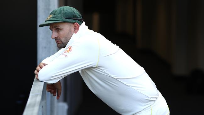 PERTH, AUSTRALIA — DECEMBER 14: Nathan Lyon of Australia looks on during day one of the second match in the Test series between Australia and India at Perth Stadium on December 14, 2018 in Perth, Australia. (Photo by Ryan Pierse/Getty Images)