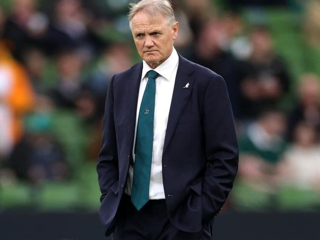 DUBLIN, IRELAND - NOVEMBER 30: Joe Schmidt, Head Coach of Australia, looks on prior to the Autumn Nations Series 2024 match between Ireland and Australia at Aviva Stadium on November 30, 2024 in Dublin, Ireland. (Photo by David Rogers/Getty Images)