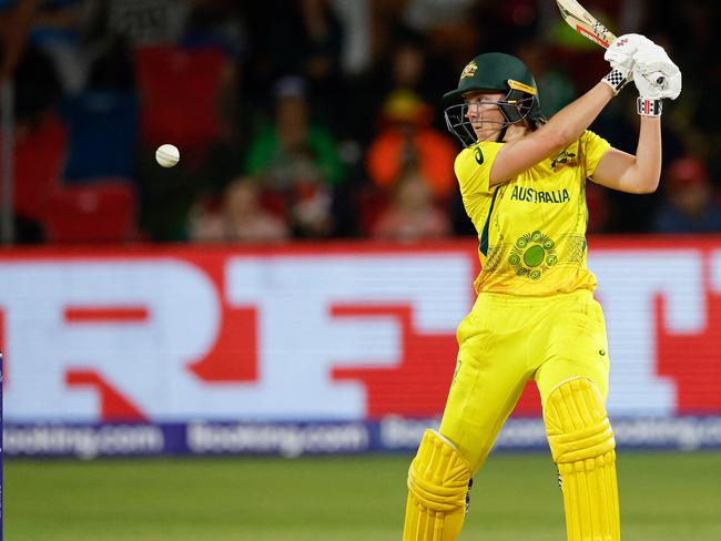 Australia's Tahlia Mcgrath watches the ball after playing a shot during the Group A T20 women's World Cup cricket match between South Africa and Australia at St George's Park in Gqeberha on February 18, 2023. (Photo by Marco Longari / AFP)