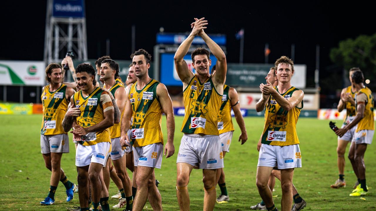 St Mary's players celebrate winning the 2024-25 NTFL men's preliminary final against Nightcliff. Picture: Patch Clapp / AFLNT Media