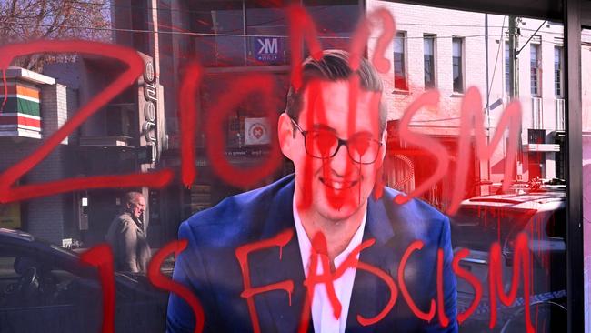 The slogan ‘Zionism is Fascism’ is sprayed on the electoral office of federal Labor MP Josh Burns in the Melbourne suburb of St Kilda. Picture: AFP