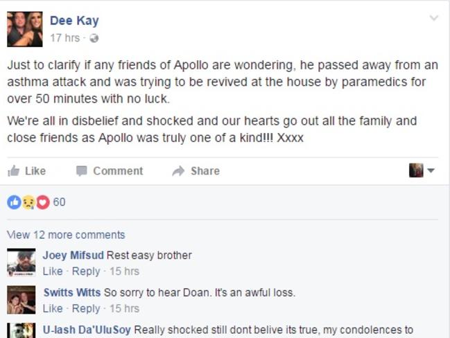 A heartbreaking Facebook post from one of Apollo’s loved ones, Dee Kay.