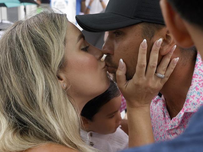 MCKINNEY, TEXAS - MAY 14: Jason Day of Australia and wife Ellie Day celebrate after Day finished his round during the final round of the AT&T Byron Nelson at TPC Craig Ranch on May 14, 2023 in McKinney, Texas. (Photo by Mike Mulholland/Getty Images)