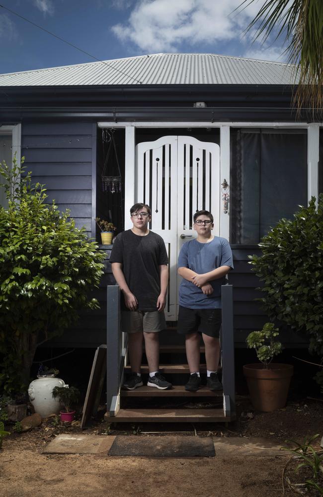 Liam and Lockie Foyle, 10 years since the floods, at home in Toowoomba, Queensland. Picture: Russell Shakespeare