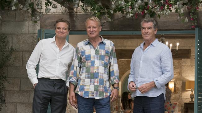 This image released by Universal Pictures shows Colin Firth, from left, Stellan Skarsgard and Pierce Brosnan in a scene from "Mamma Mia! Here We Go Again." (Jonathan Prime/Universal Pictures via AP)