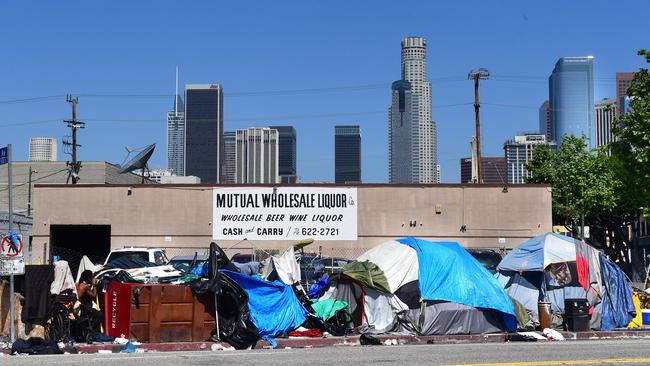 Tents housing the homeless line a street in downtown Los Angeles. Picture: AFP