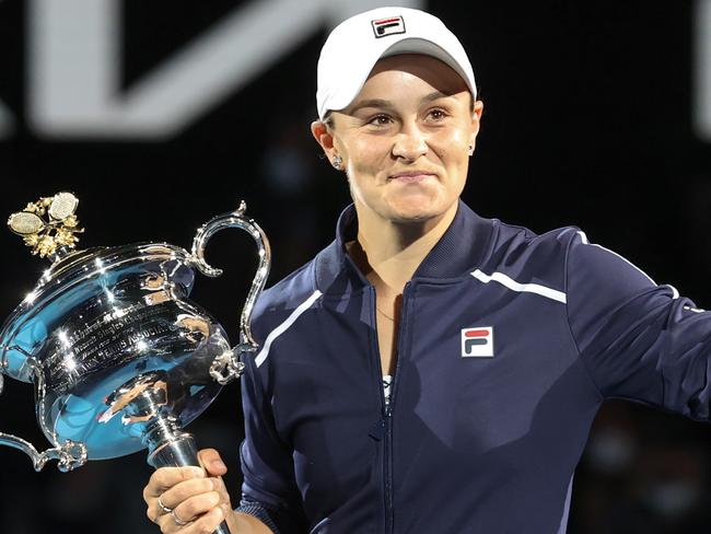 2022 Australian Open Tennis WomenÃs Final. Australian Ash Barty Vs Danielle Collins of the USA on Rod Laver Arena.  Barty holds the winners trophy after winning the womens final.                    Picture: David Caird