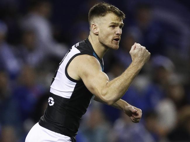 Robbie Gray of the Power celebrates a goal during the Round 22 AFL match between the North Melbourne Kangaroos and the Port Adelaide Power at Marvel Stadium in Melbourne, Saturday, August 17, 2019.  (AAP Image/Daniel Pockett) NO ARCHIVING, EDITORIAL USE ONLY