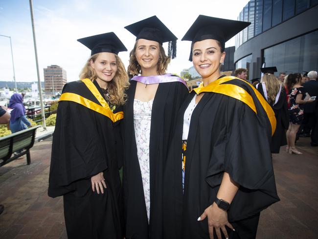 Bora Zace, Natalie Ling and Samarah Mahmoud at UTAS graduations held at the Hobart Grand Chancellor. Picture: LUKE BOWDEN