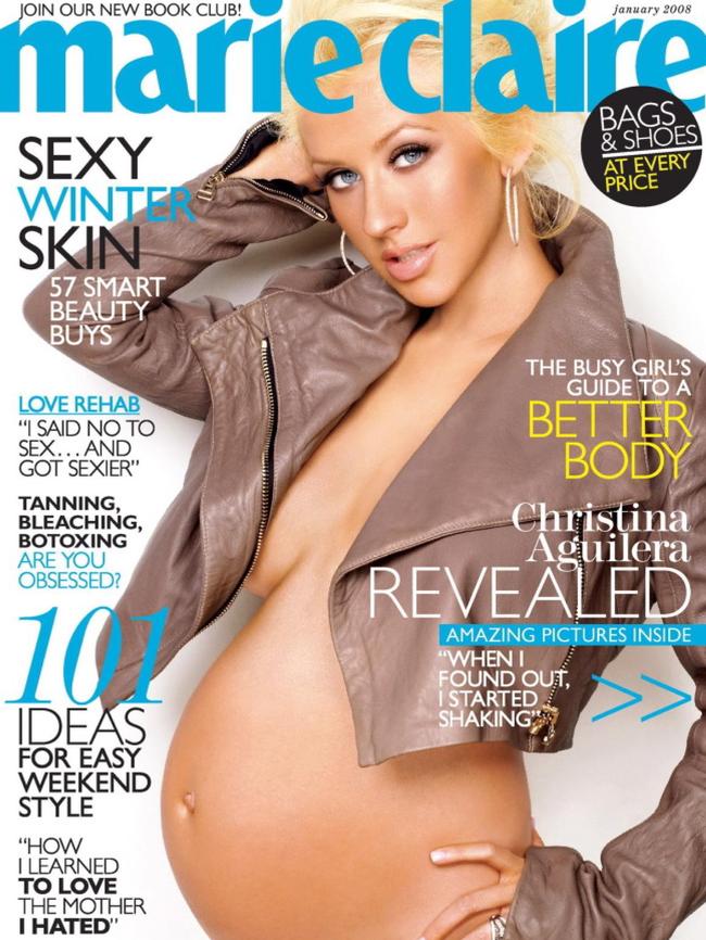 A pregnant Christina Aguilera on the cover of Marie Claire magazine, January 2008. Picture: Marie Claire
