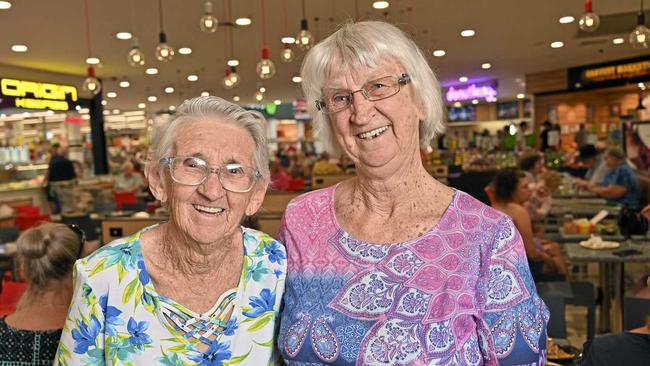 SISTERS: Booval Fair customers Mavis Cunning, 90, and Fay Vinson, 78. Picture: Cordell Richardson