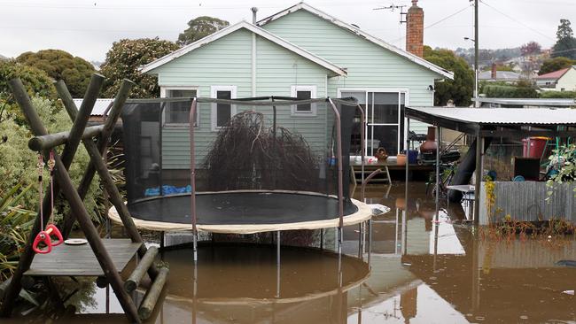 A flooded back yard in the Launceston suburb of Mowbray.